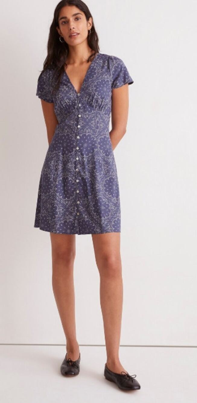 Madewell Shirred Button Front Mini Dress Blue Ecovero Viscose Print Size 0